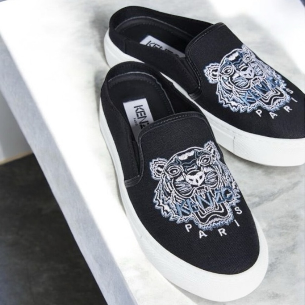 Kenzo Black and White Tiger Embroidered Mules